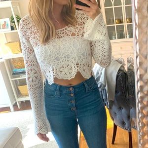 White bell sleeve crochet crop top